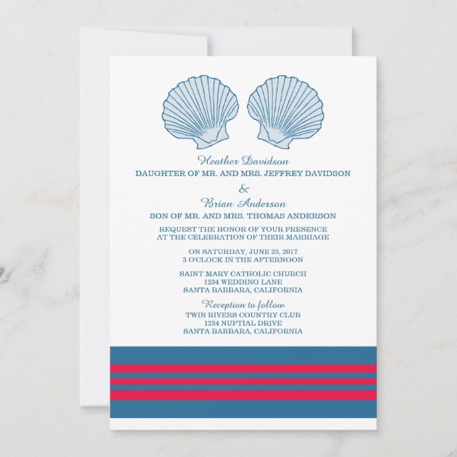 Invitation à un mariage de coquillages marins bleu (Devant)
