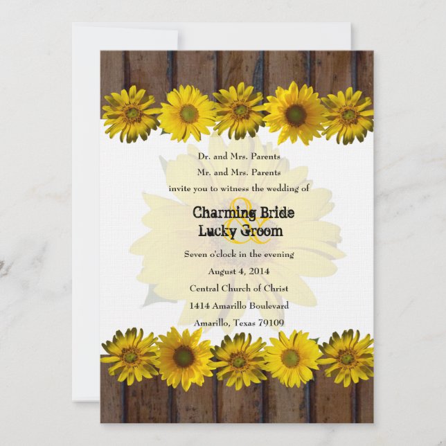 Invitation à un mariage de tournesol jaune en bois (Devant)