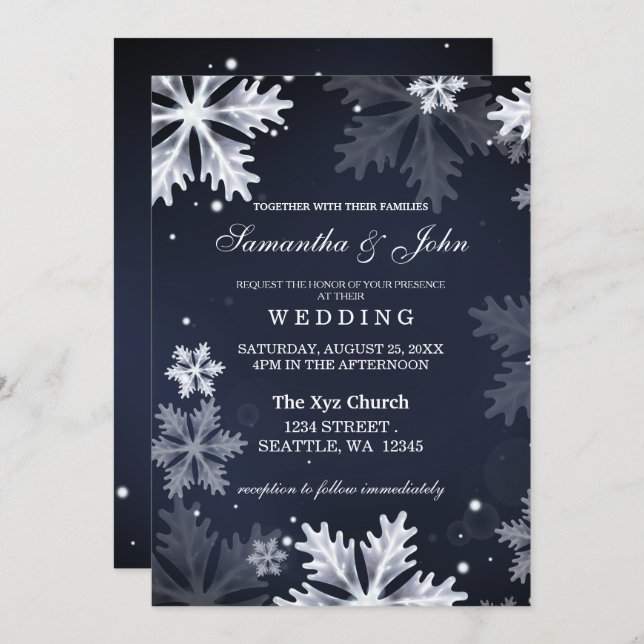 Invitation à un mariage d'hiver aux flocons de nei (Devant / Derrière)