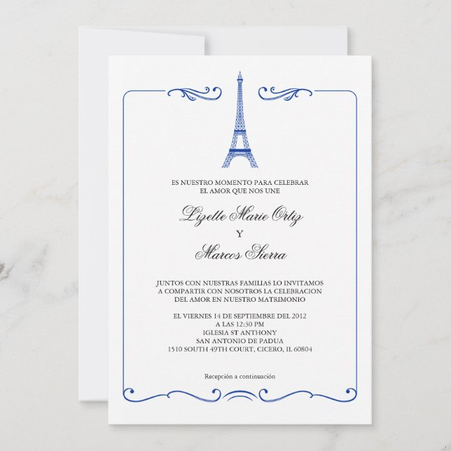 Invitation à un mariage élégant dans la Tour Eiffe (Devant)