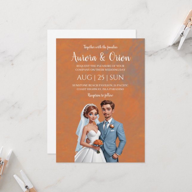 invitation à un mariage en terre cuite et bleu pou (Devant/Arrière en situation)