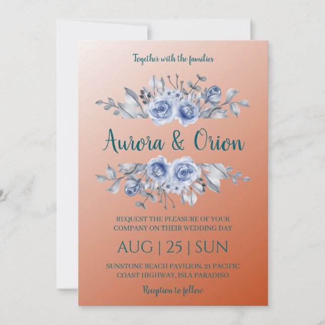 invitation à un mariage en terre cuite et bleu pou (Devant)