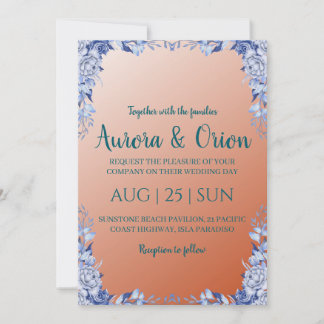 invitation à un mariage en terre cuite et bleu pou