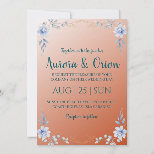invitation à un mariage en terre cuite et bleu pou (Devant)