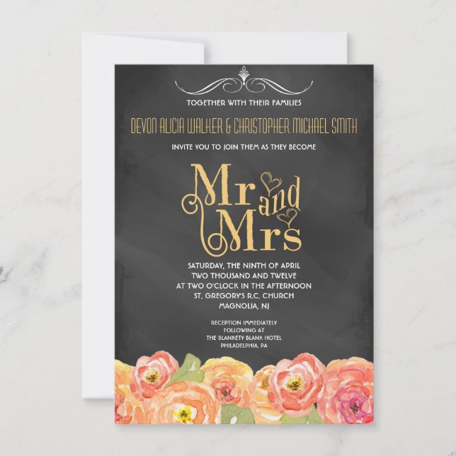 Invitation à un mariage floral de Chalkboard Fall (Devant)