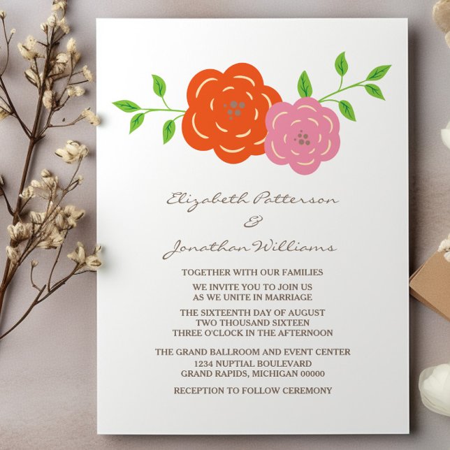 Invitation à un mariage floral rose orange en fleu (In Bloom Orange Pink Floral Wedding Invite)