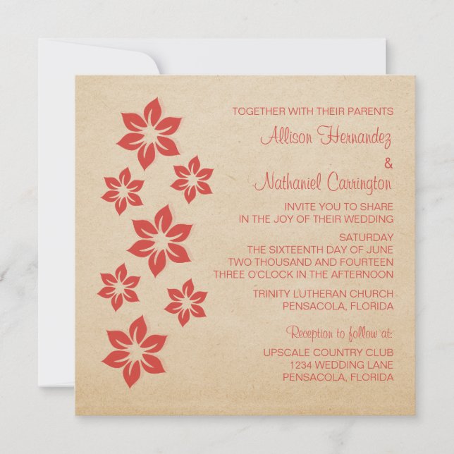 Invitation à un mariage floral tropical rouge (Devant)