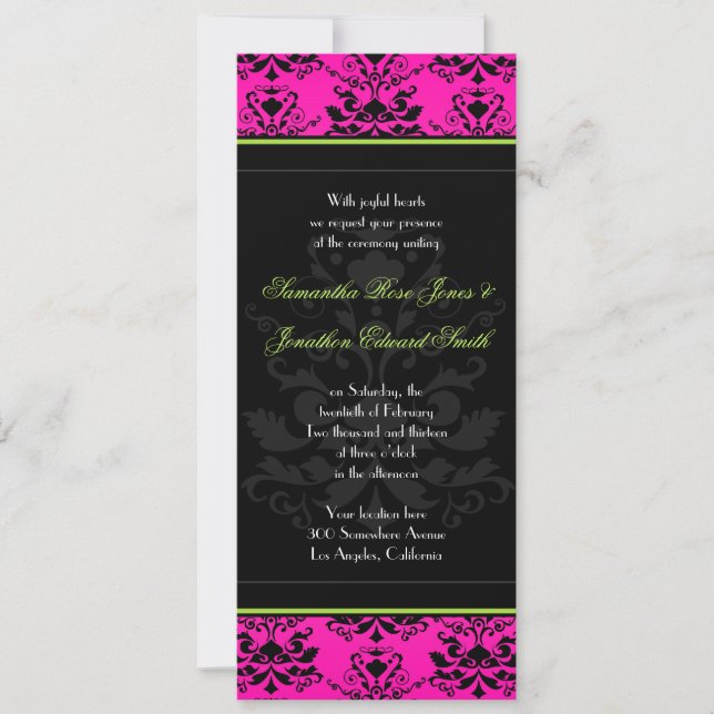 Invitation à un mariage mince, rose et noir (Devant)