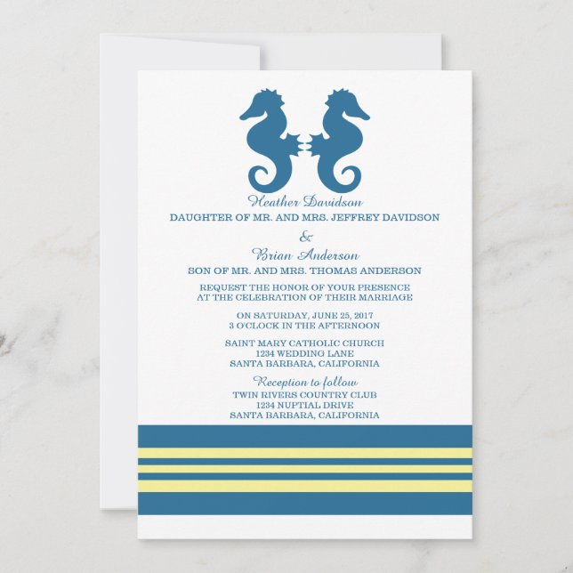 Invitation à un mariage pour hippocampe bleu jaune (Devant)