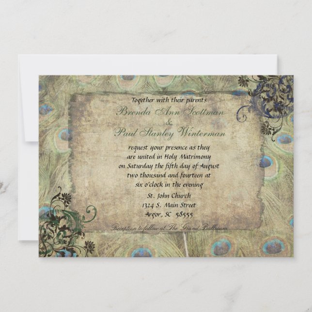 Invitation à un mariage vintage de Peacock (Devant)