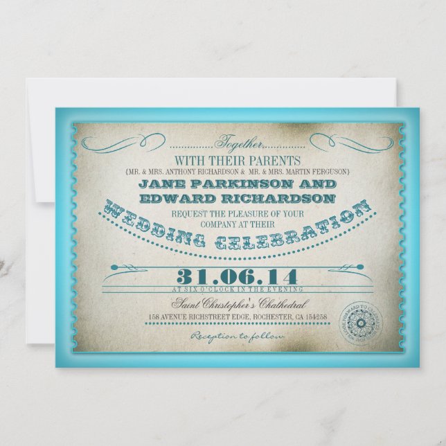 invitation à un mariage vintage turquoise - billet (Devant)