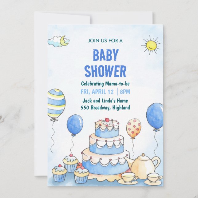 Invitation à une baby shower aquarelle bleue (Devant)
