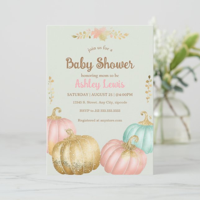 Invitation à une baby shower automnale rose et or  (Debout devant)