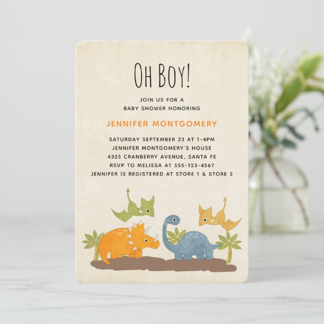 Invitation à une Baby Shower avec des Dinosaures M (Debout devant)