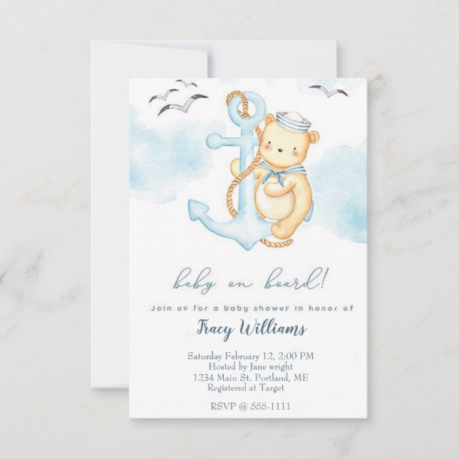 Invitation à une baby shower avec un adorable ours (Devant)