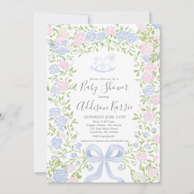 Invitation à une baby shower avec un cheval à basc (Devant)