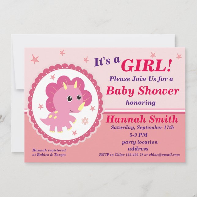 Invitation à une baby shower avec un dinosaure ros (Devant)