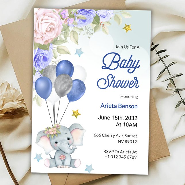 Invitation à une baby shower avec un éléphant mign (Créateur téléchargé)