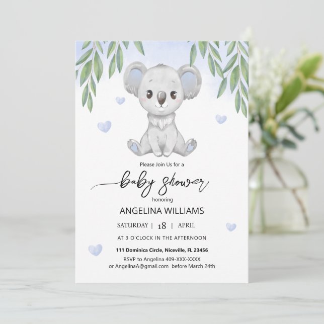 Invitation à une baby shower avec un koala mignon. (Debout devant)