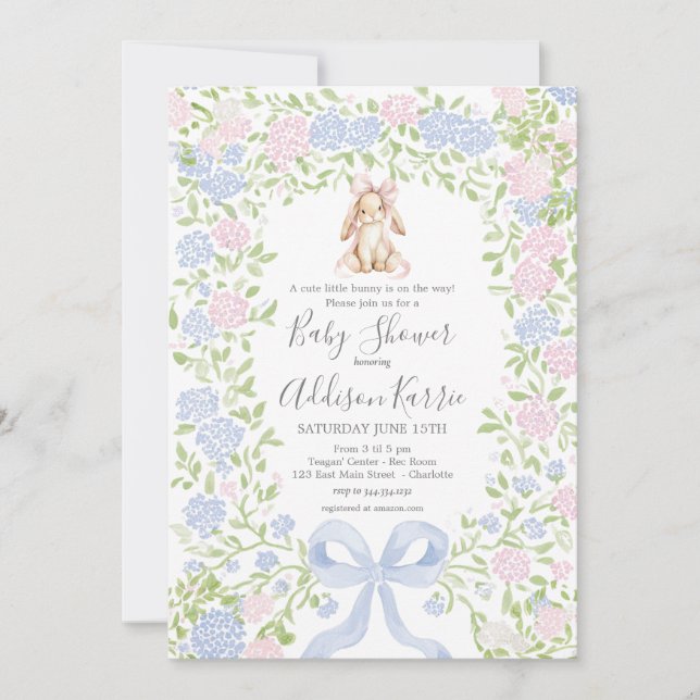 Invitation à une baby shower avec un lapin grandmi (Devant)