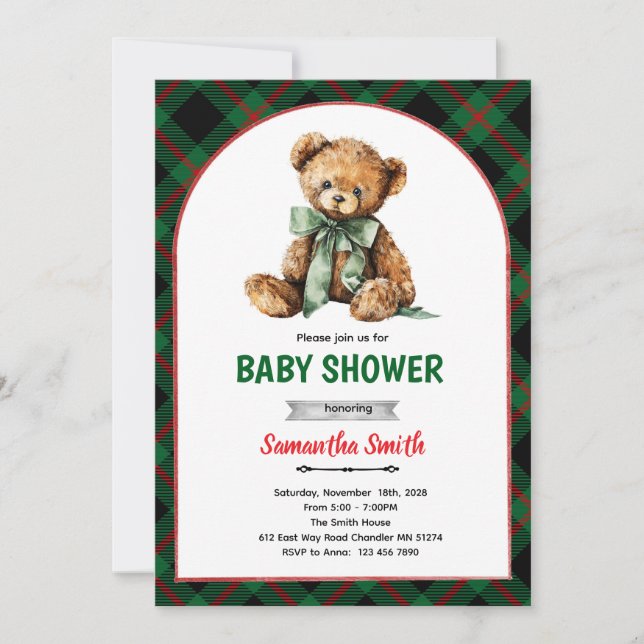 Invitation à une baby shower avec un ours à carrea (Devant)