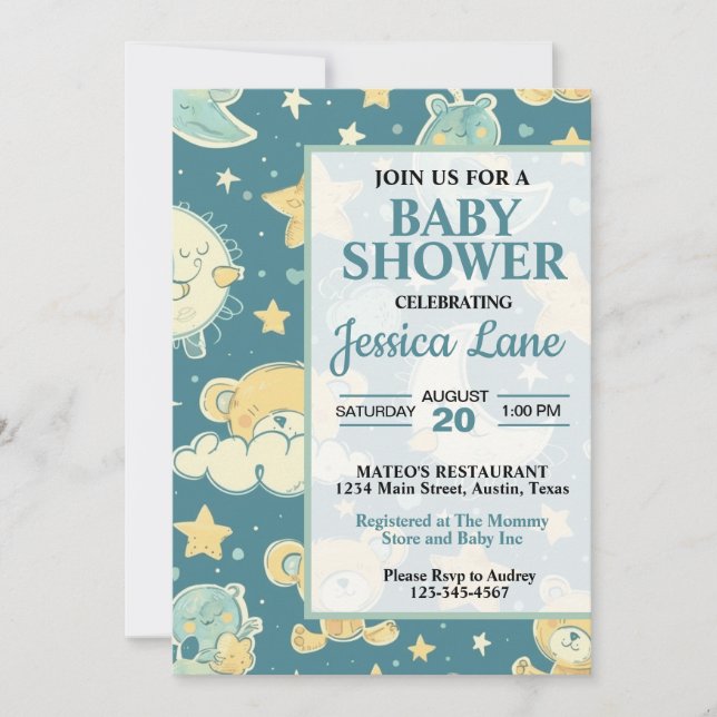 Invitation à une baby shower avec un ours en peluc (Devant)