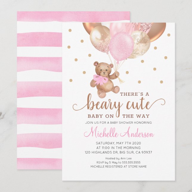 Invitation à une baby shower avec un ours en peluc (Devant / Derrière)