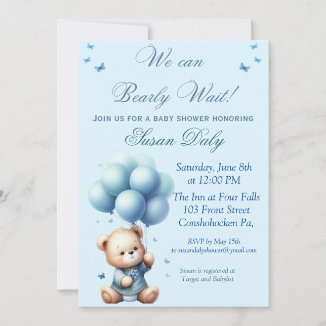 Invitation à une baby shower avec un ours en peluc (Devant)