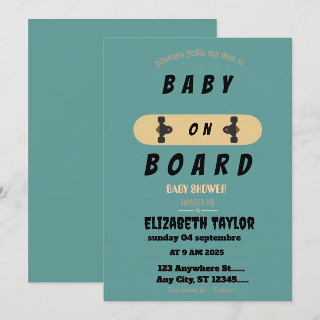 Invitation à une Baby Shower avec un Skateboard Ba (Devant / Derrière)