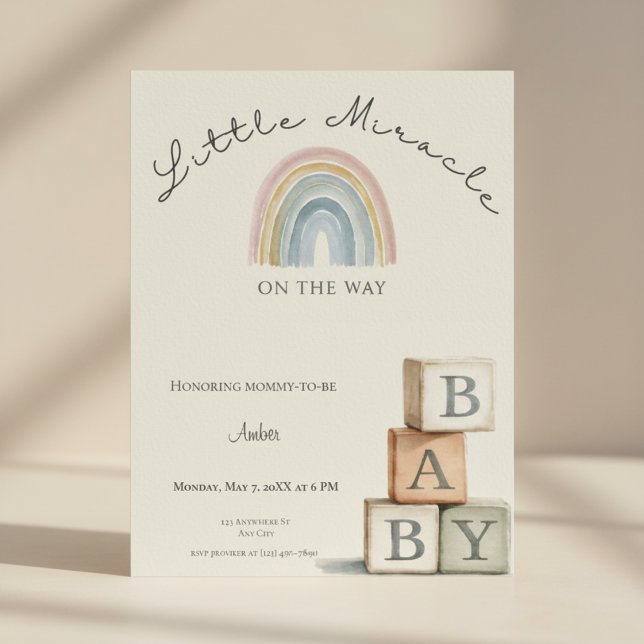 Invitation à une Baby Shower Bohème Arc-en-ciel Ne (Gender neutral rainbow baby shower invite with pastel boho colors and minimal design.)