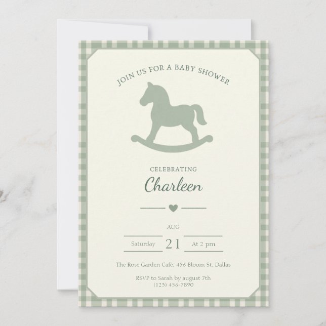 Invitation à une Baby Shower Cheval à Bascule Vert (Devant)