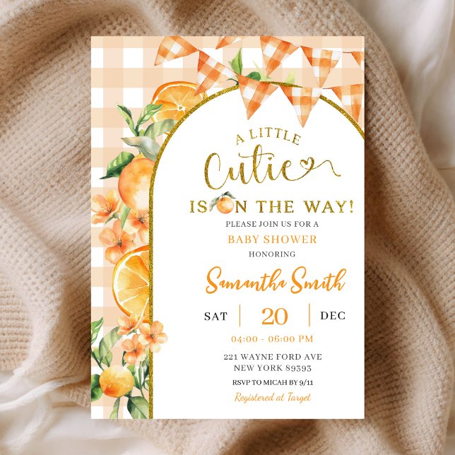 Invitation à une baby shower Cutie Orange Gingham (Créateur téléchargé)