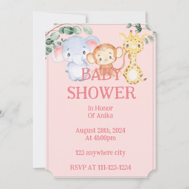 Invitation à une baby shower d'animaux de la jungl (Devant)