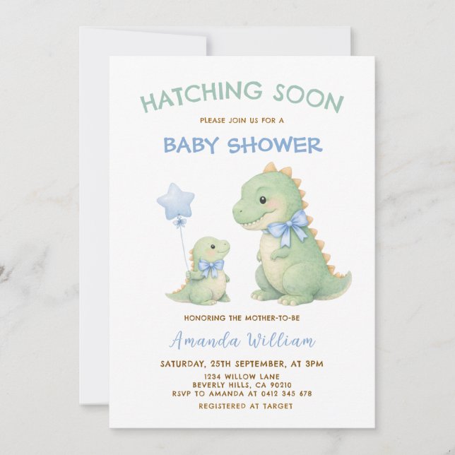 Invitation à une baby shower de dinosaure qui éclo (Devant)