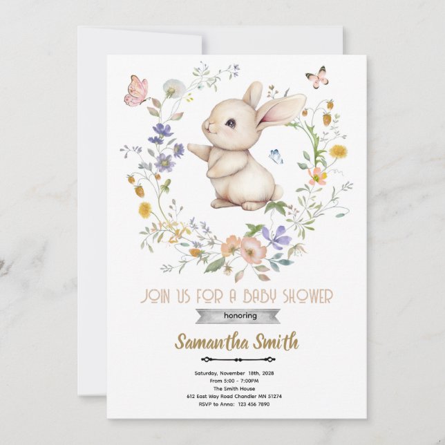 Invitation à une baby shower de lapin de Pâques (Devant)