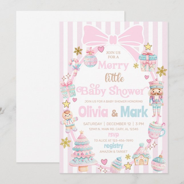 Invitation à une baby shower de Noël pour un bébé. (Devant / Derrière)