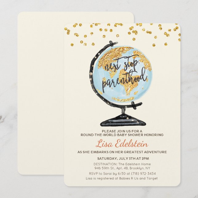 Invitation à une baby shower de voyage dans le mon (Devant / Derrière)