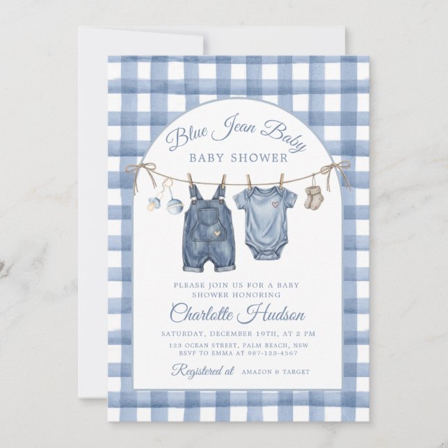 Invitation à une baby shower Denim, Thème Garçon J (Devant)