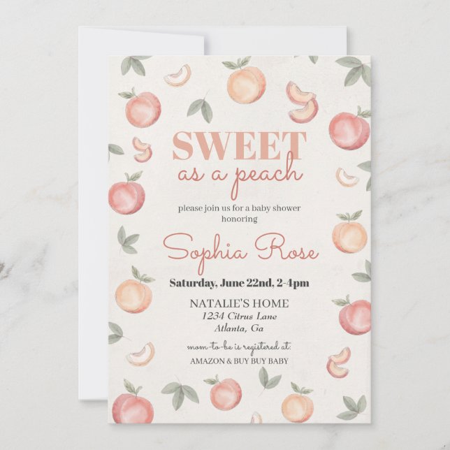 Invitation à une baby shower "Doux comme une pêche (Devant)