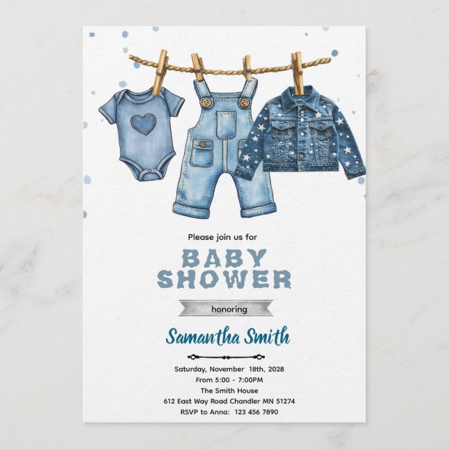 Invitation à une baby shower en jean bleu (Devant)