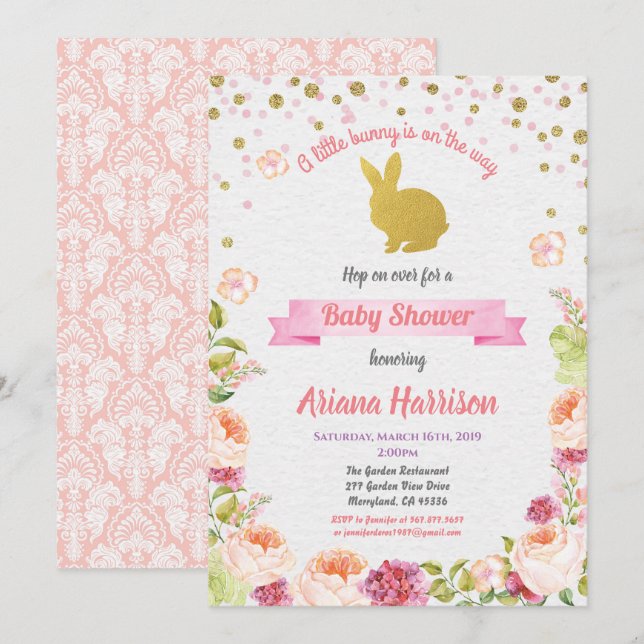 Invitation à une baby shower fille lapin pour Pâqu (Devant / Derrière)