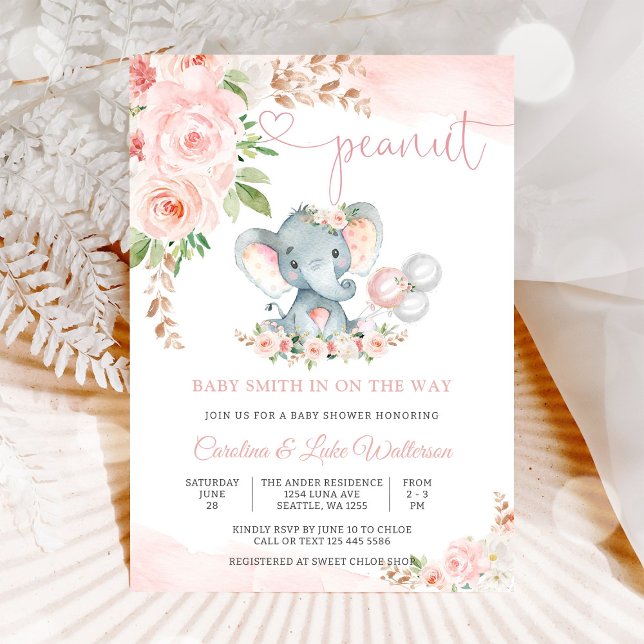 Invitation à une Baby Shower Fleurie Éléphant Rose (Créateur téléchargé)