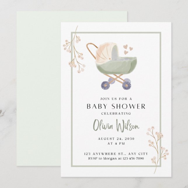 invitation à une baby shower fleurs vertes landau (Devant / Derrière)
