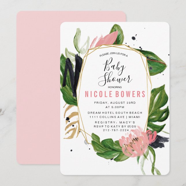 Invitation à une baby shower florale tropicale (Devant / Derrière)