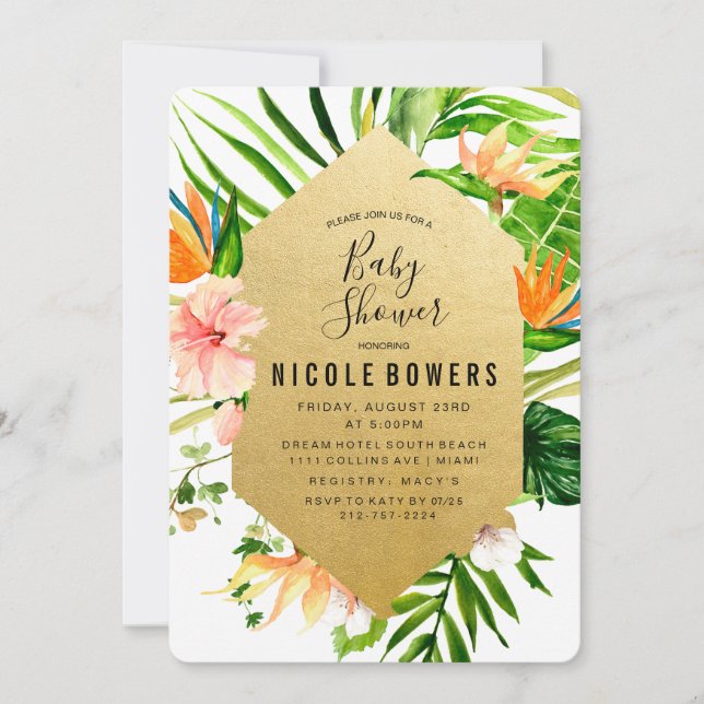Invitation à une baby shower florale tropicale (Devant)