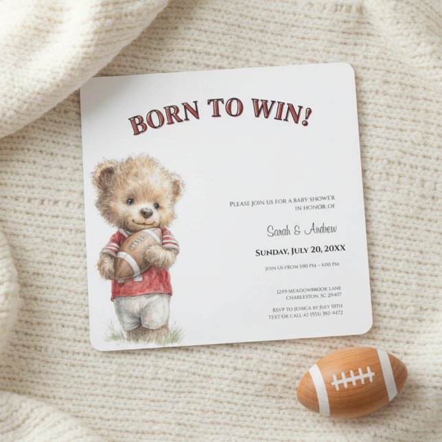 Invitation à une Baby Shower Foot | Né pour Gagner (Teddy bear football baby shower invitation on soft cream blanket with wooden football prop, warm nat)