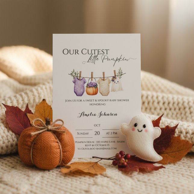 Invitation à une Baby Shower • La Plus Mignonne Pe (Baby shower invite with pumpkin and ghost on beige knit blanket with cozy fall accents.)