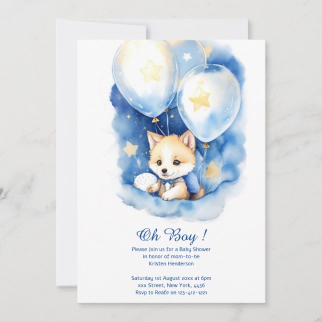 Invitation à une Baby Shower Loup Aquarelle (Devant)