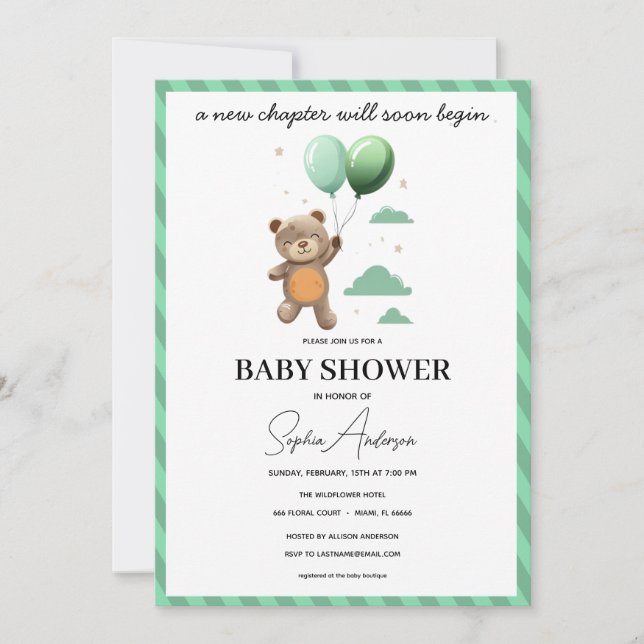 Invitation à une Baby Shower Neutre Ourson Vert Ba (Devant)