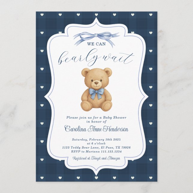 Invitation à une baby shower Ours en peluche (Devant)